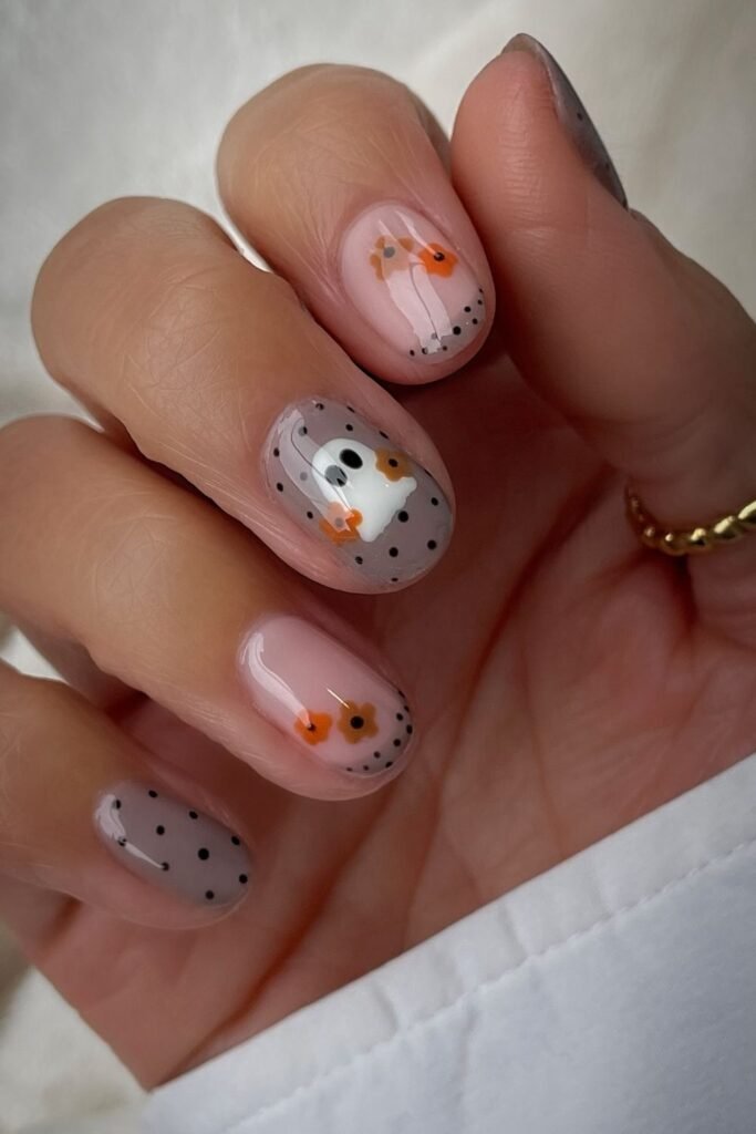 Sheer Polka Dot Ghost Halloween Short Nails
