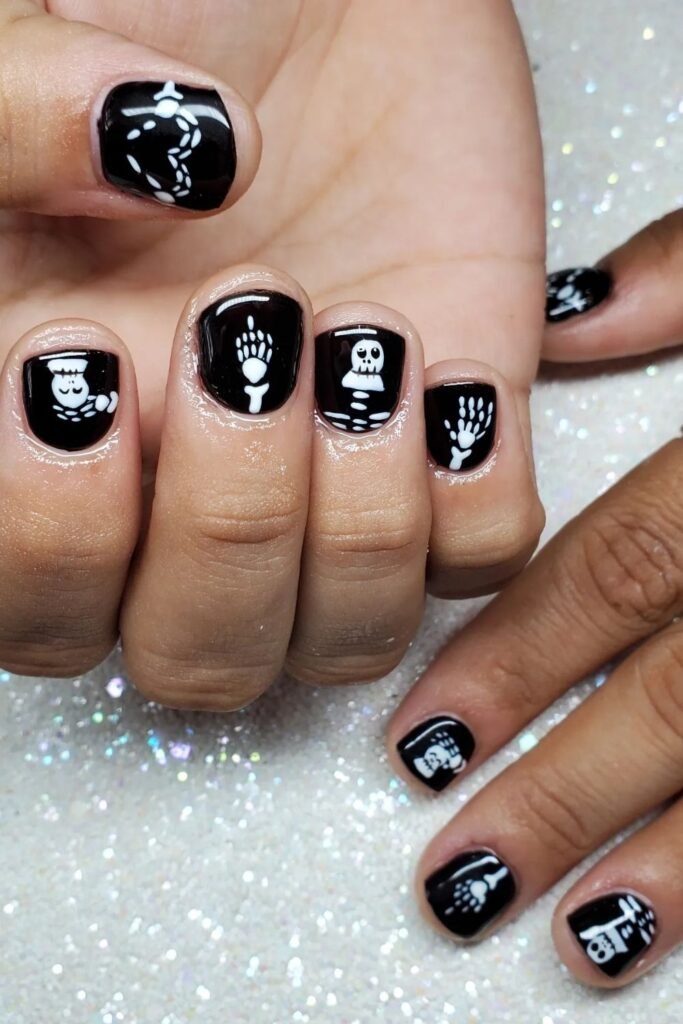 Short Black Skeleton Nails With White Bone Art
