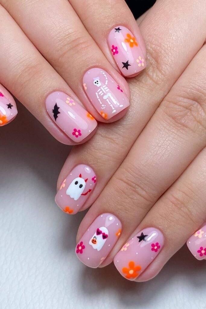 Short Pink Halloween Nails With Flowers and Skeletons