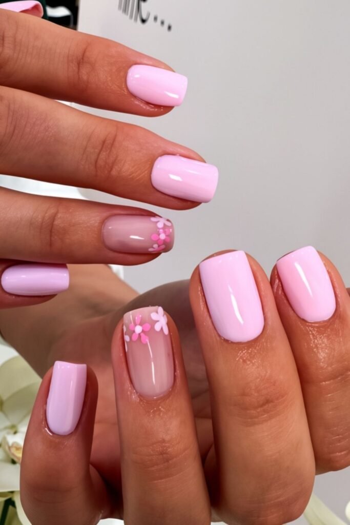 Short Pink Nails With Tiny 3D Flowers