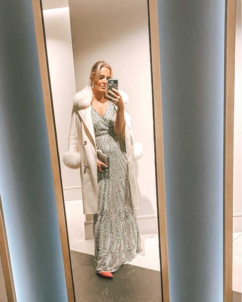 Silver Embellished Gown With a White Faux Fur Coat