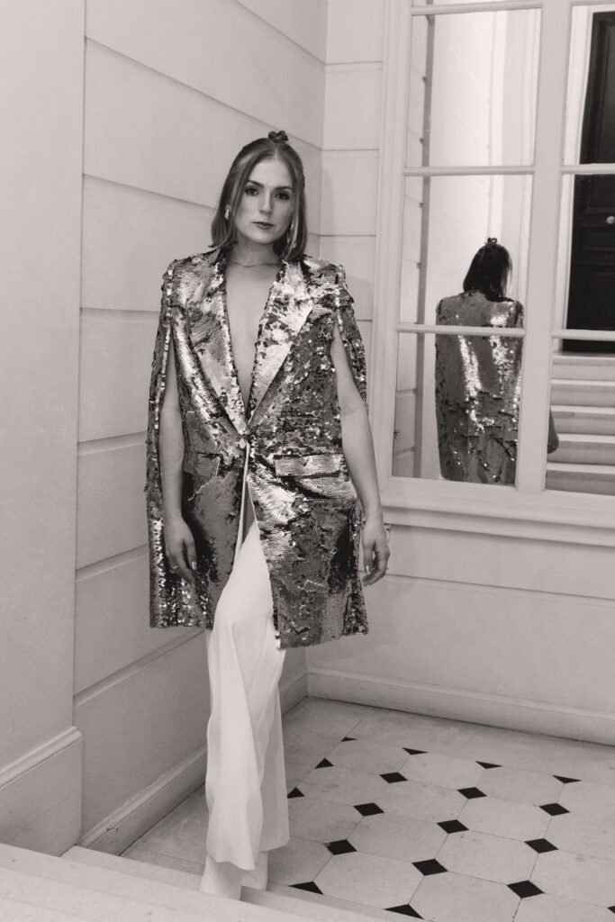 Silver Sequins Over White Trousers