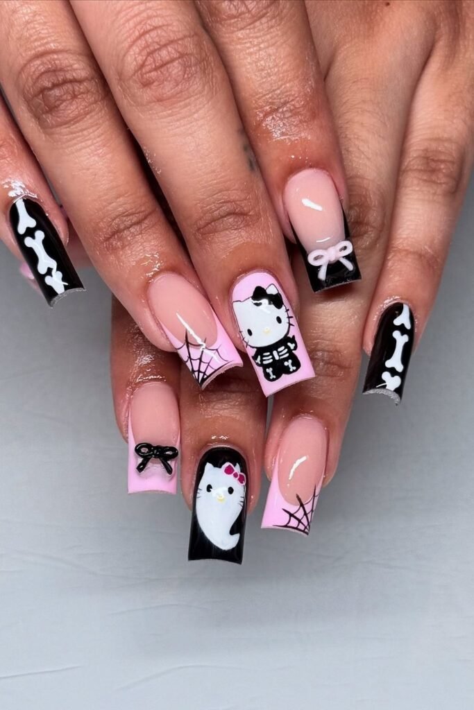 Skeleton Hello Kitty Nails With Black Bone Accents