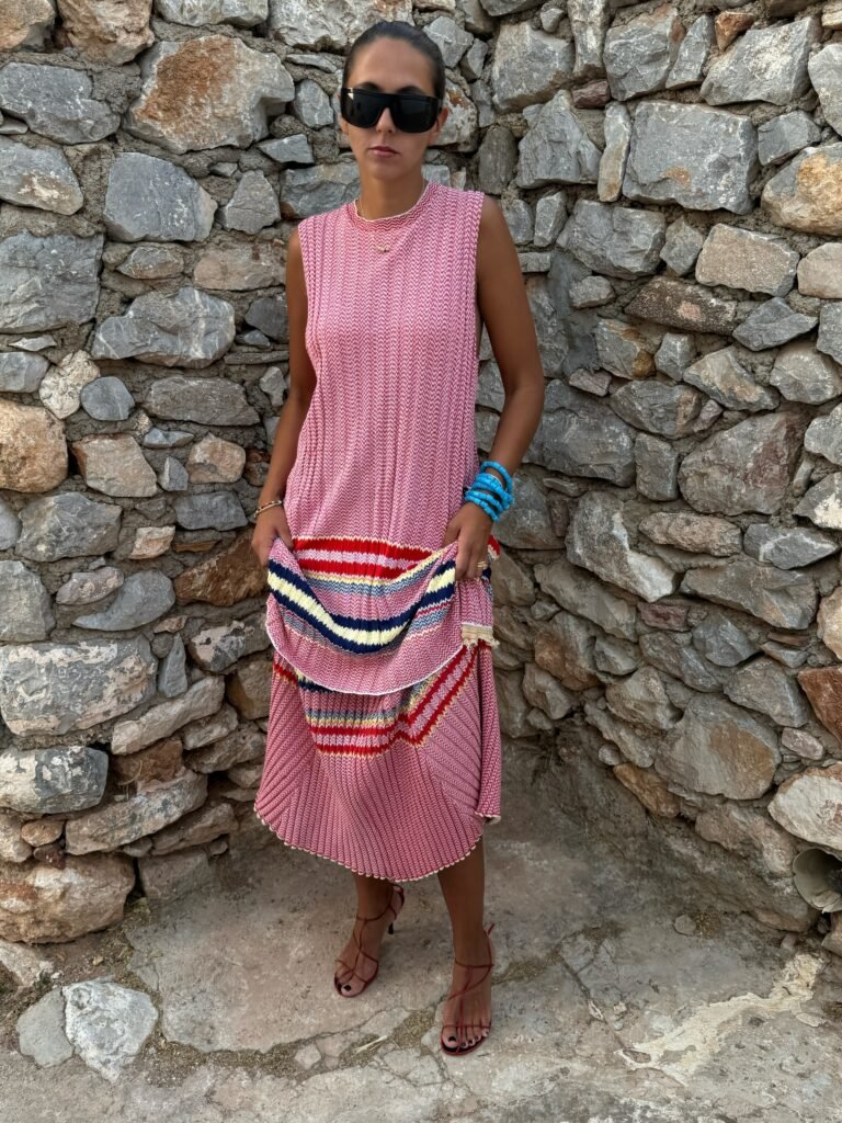 Sleeveless Knit Midi Dress With Bold Stripe Details