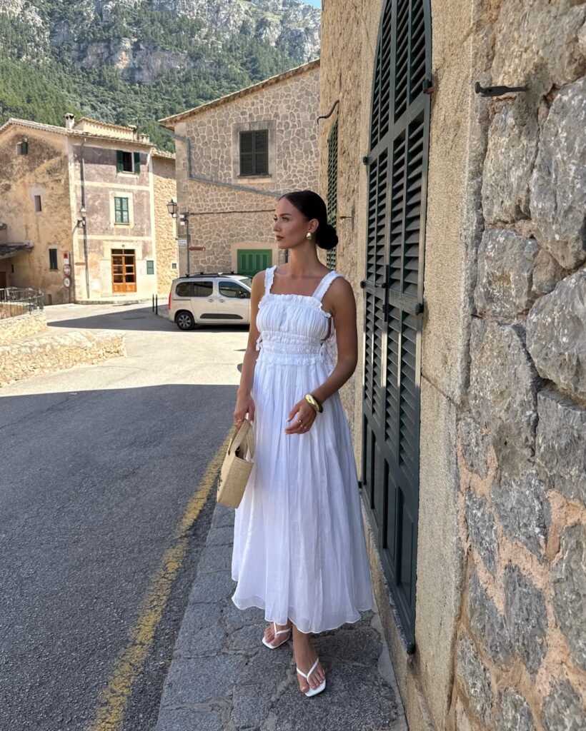 Smocked White Maxi Dress With Fine-Strap Heels