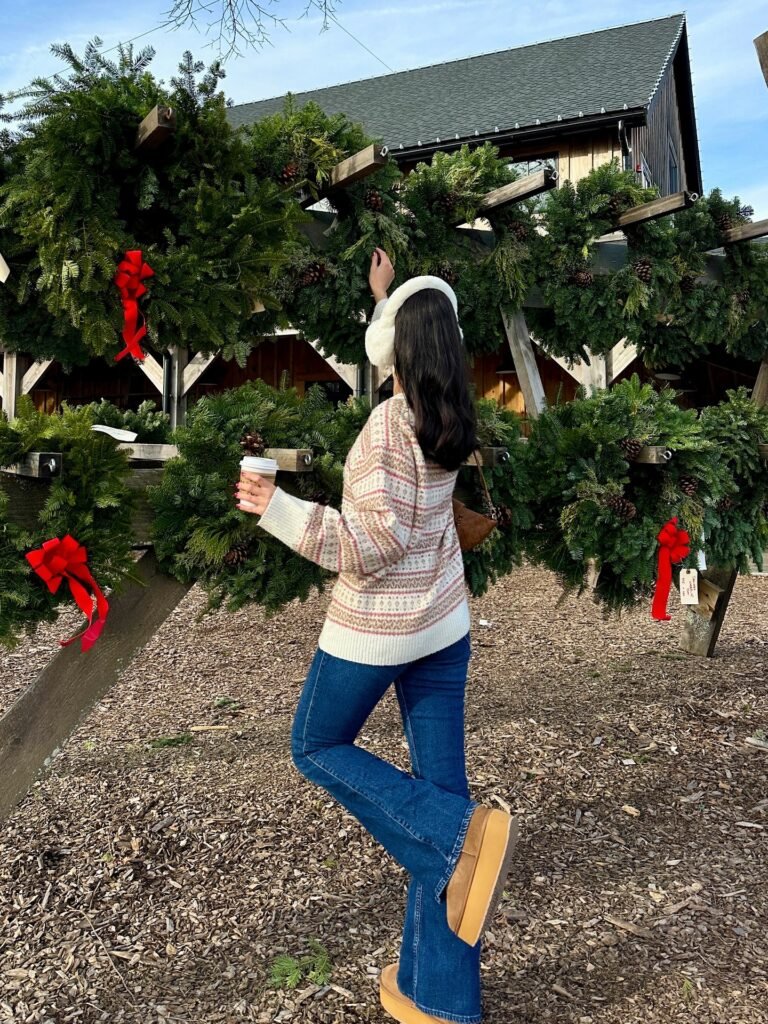 Soft Fair Isle Sweater With Flared Blue Jeans
