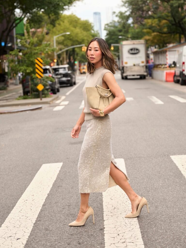 Soft Neutrals and a Shimmer Midi for a Chic Dinner Date