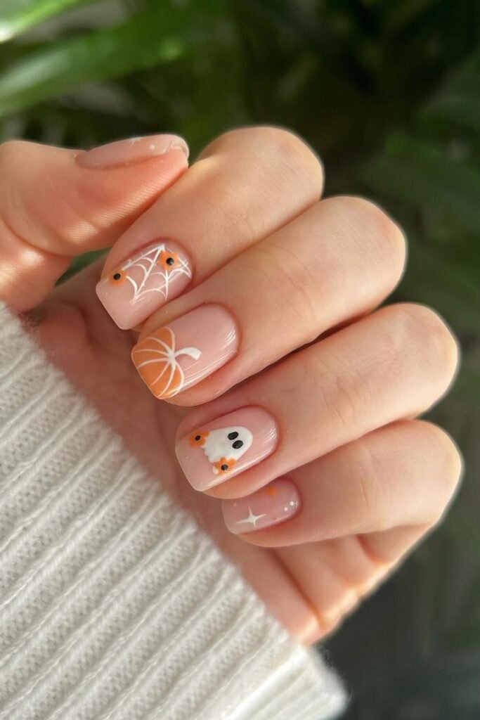 Soft Nude Halloween Short Nails With Ghosts and Pumpkins
