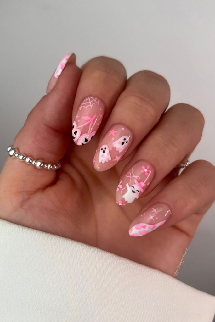 Soft Pink Ghost Hello Kitty Halloween Nails
