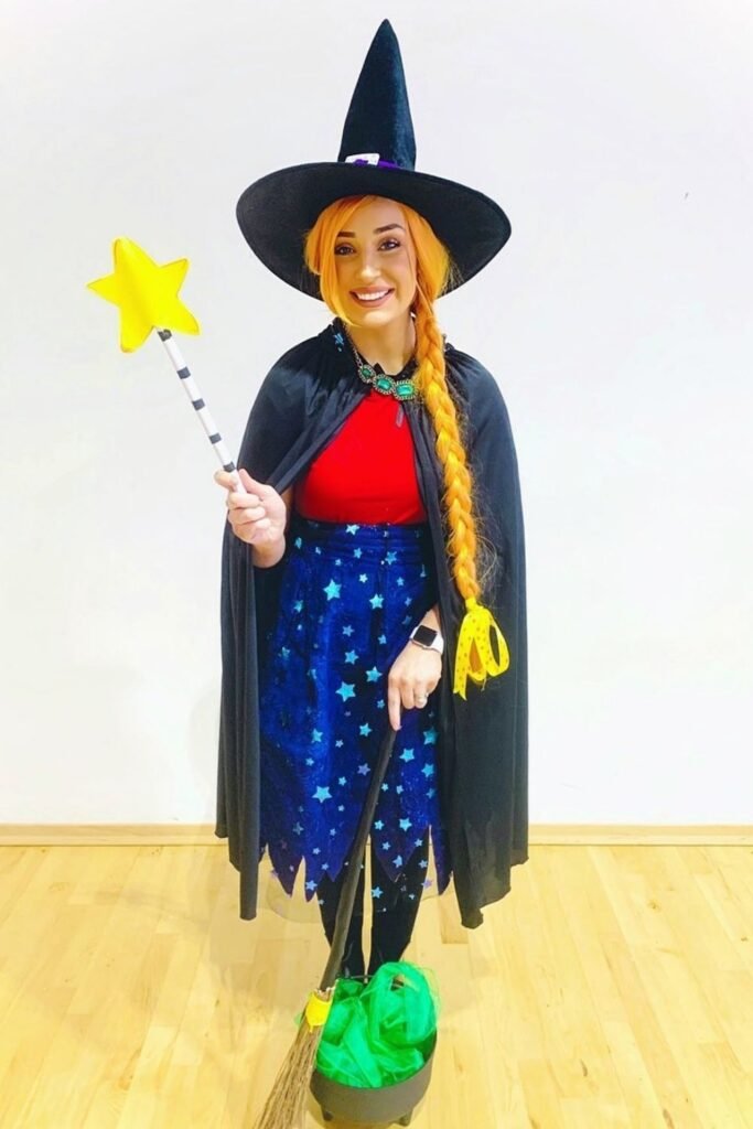 Storybook Witch With a Starry Blue Skirt