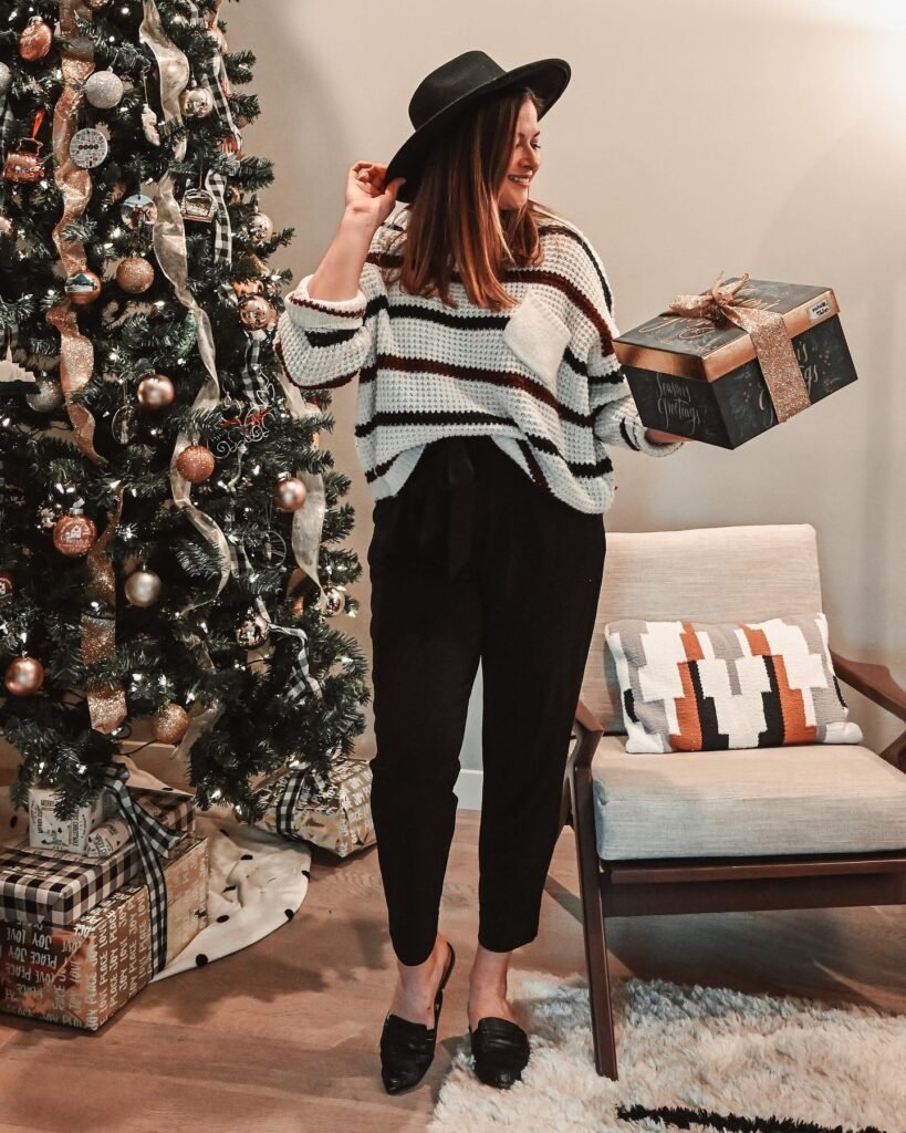  Striped Knit With Black Trousers and Loafers
