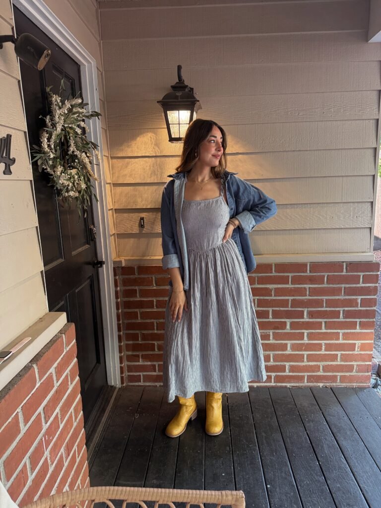Striped Midi Dress With a Denim Jacket and Western Boots