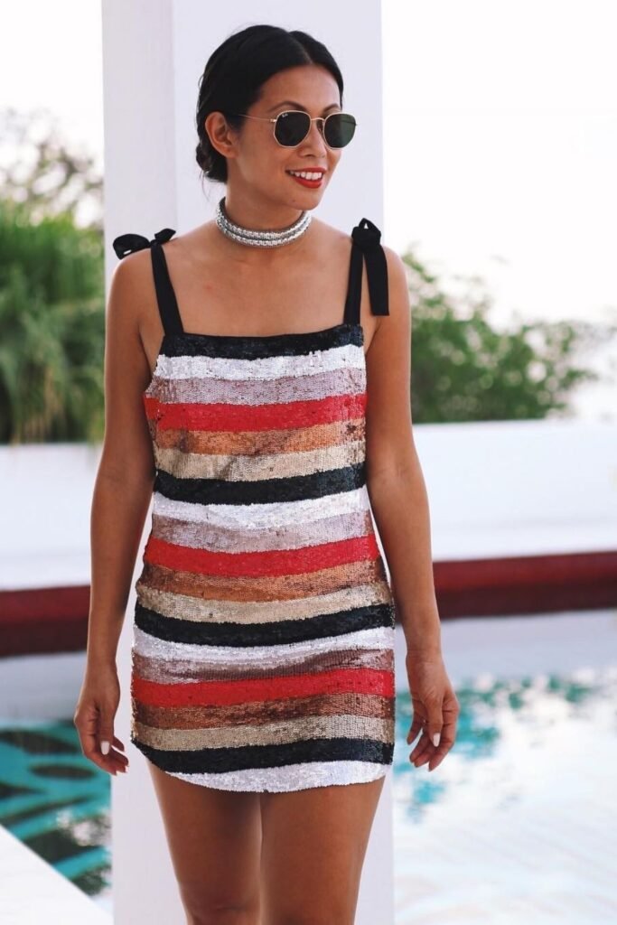 Striped Sequin Mini Dress With Statement Accessories
