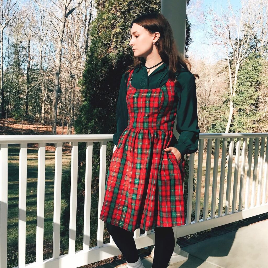 Tartan Pinafore Dress Over a Deep Green Blouse