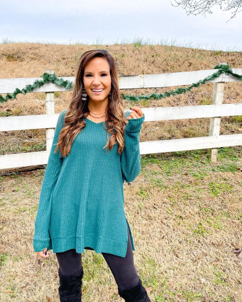 Teal Sweater With Leggings and Over the Knee Boots