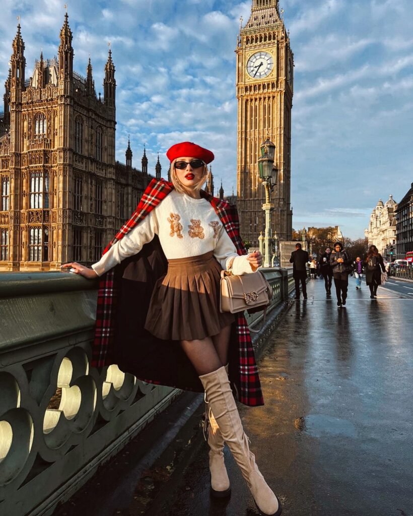 Teddy Bear Sweater With a Pleated Mini and Tartan Coat