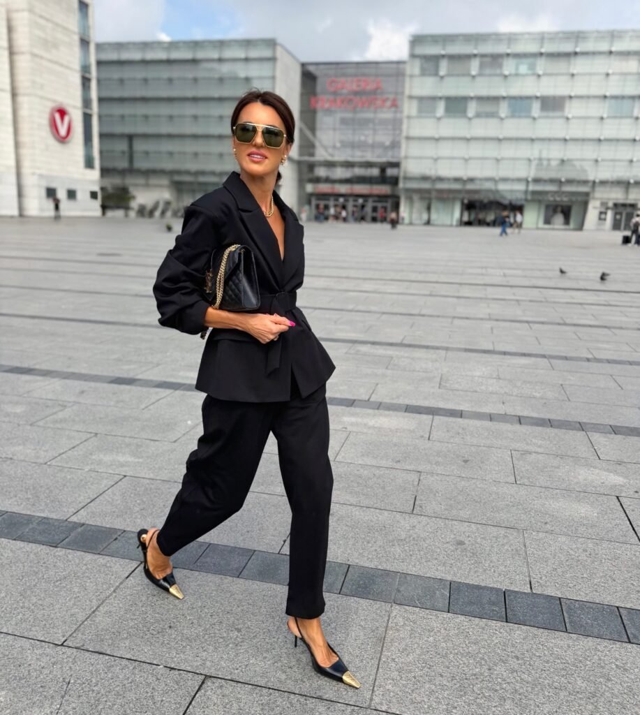 The Belted Black Suit for the Office Christmas Party