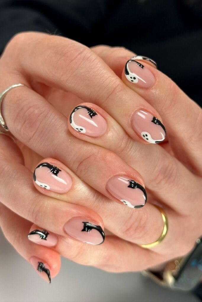 Tiny Ghost and Black Cat Halloween Nails