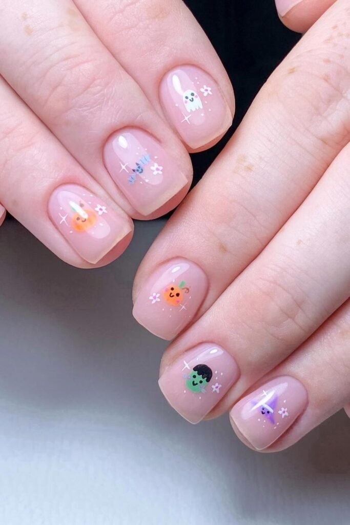 Tiny Pastel Halloween Character Nails