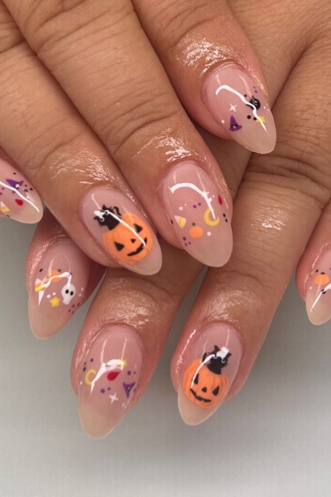 Tiny Pumpkin, Ghost and Witch Hat Halloween Nails