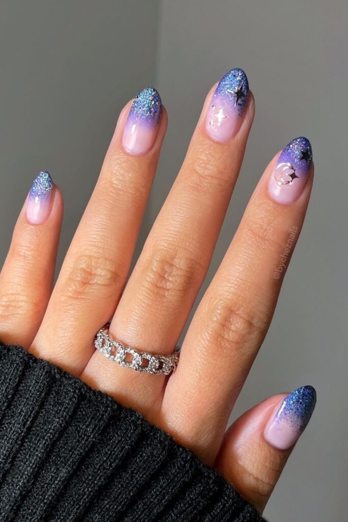 Twilight Glitter Ombre With Moon and Star Art