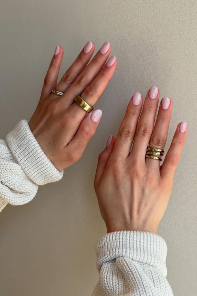 Ultra Short Pink Nails With Gold Rings
