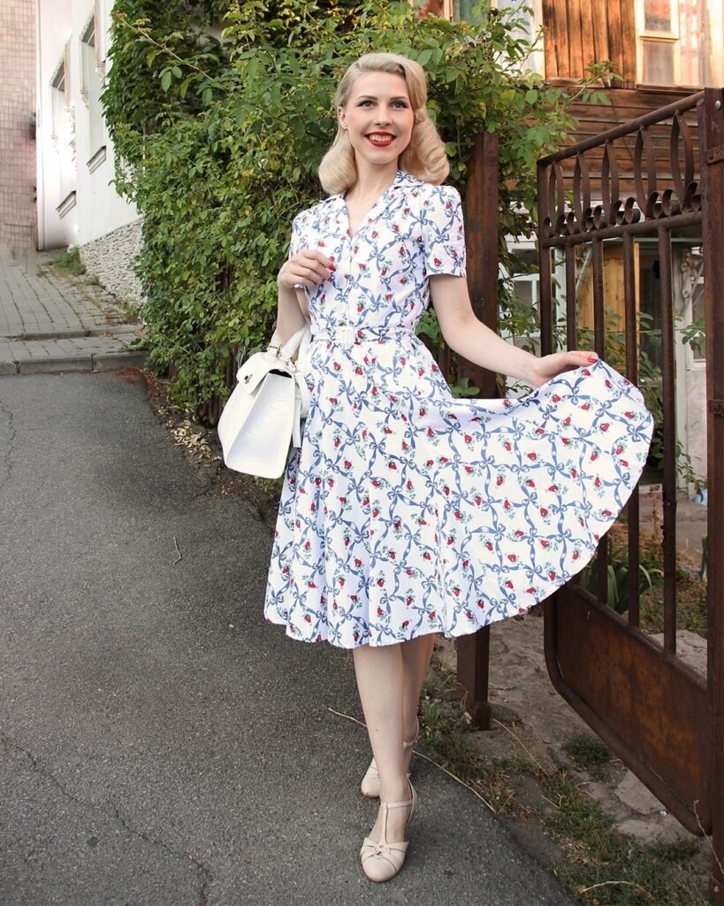 Vintage Printed Midi Dress With Neutral Heels