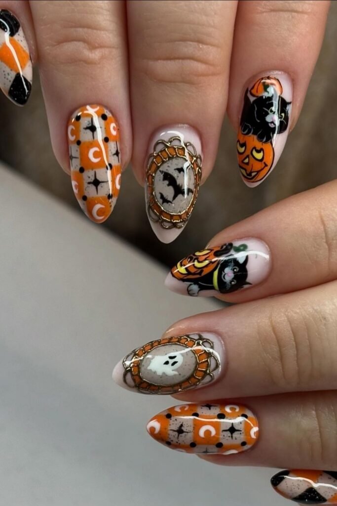 Vintage Pumpkin and Black Cat Halloween Nails