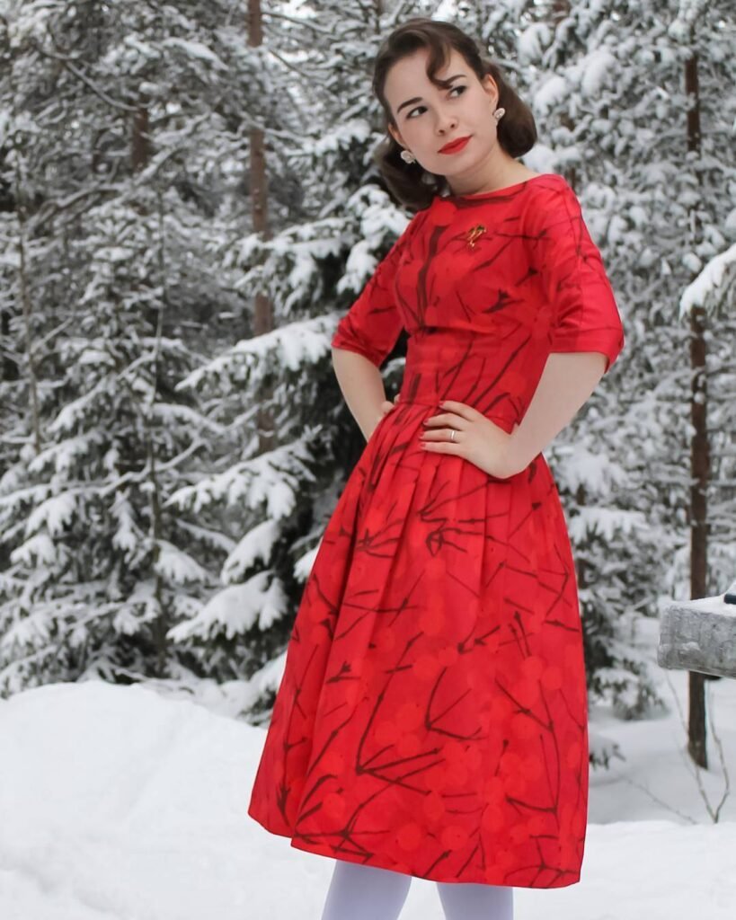 Vintage Red Midi Dress With a Dark Botanical Print