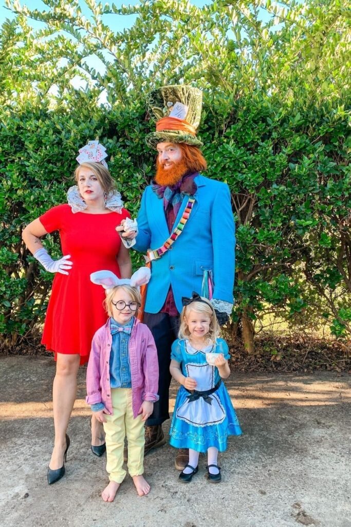 Whimsical Tea Party Family in Red, Blue, and Storybook Pastels