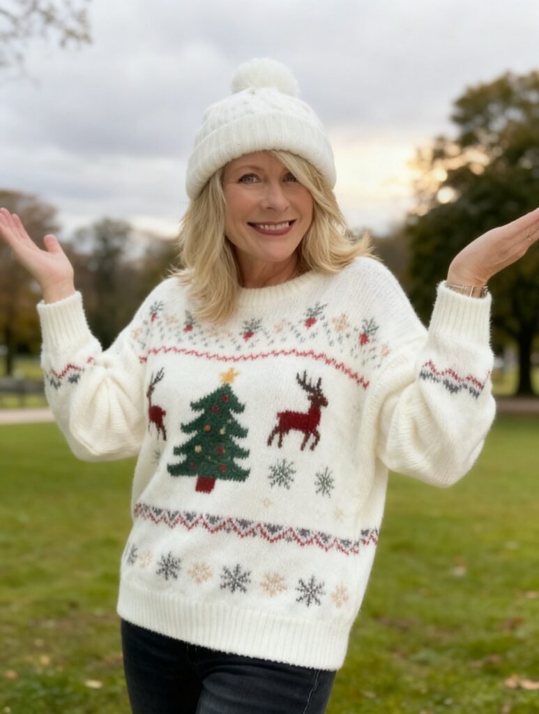 White Christmas Sweater With Black Jeans and a Knit Beanie