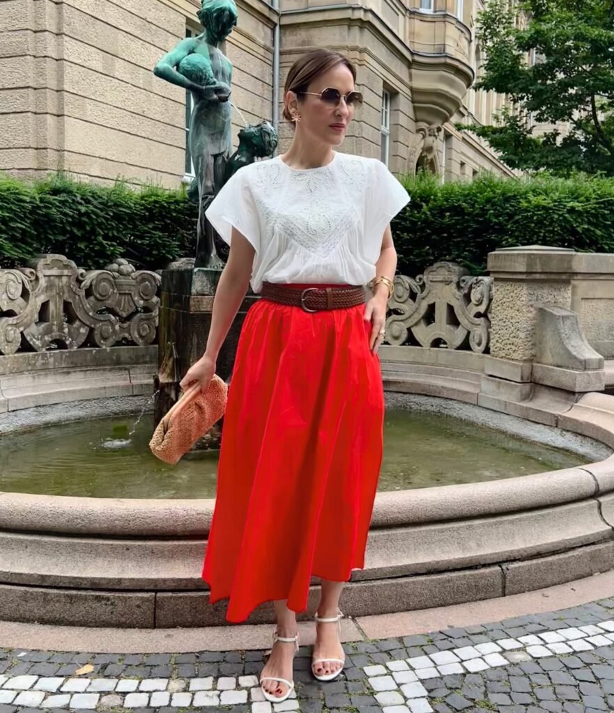 White Embroidered Top With a Red Full Skirt