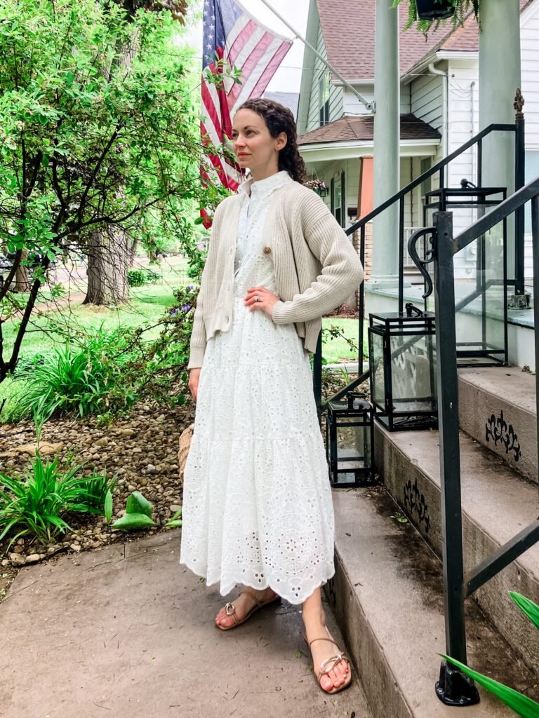 White Eyelet Maxi Dress With a Soft Neutral Cardigan