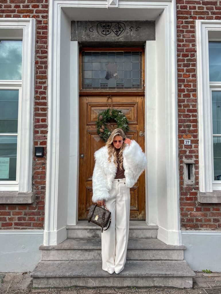 White Faux Fur Jacket With Wide-Leg Trousers