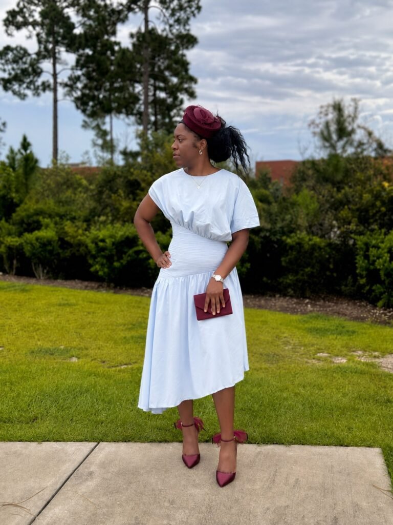 White Midi Dress With Burgundy Accessories