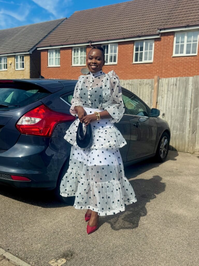 White Polka Dot Midi Dress With Red Pumps