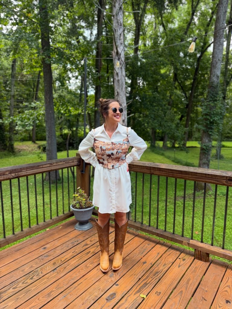 White Shirt Dress With a Printed Corset and Cowboy Boots