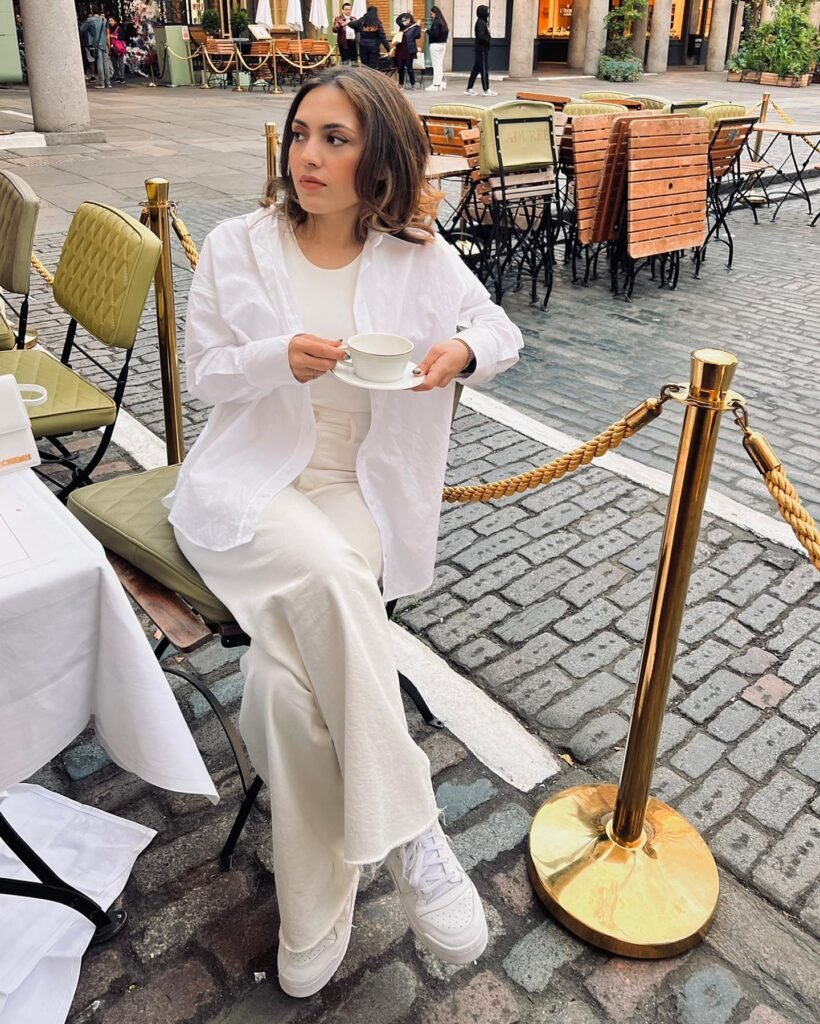 White Shirt and Cream Trousers for a Christmas Coffee Date