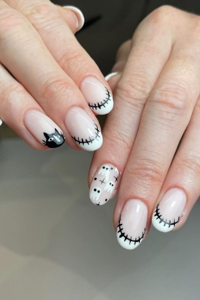White Stitched French Halloween Short Nails