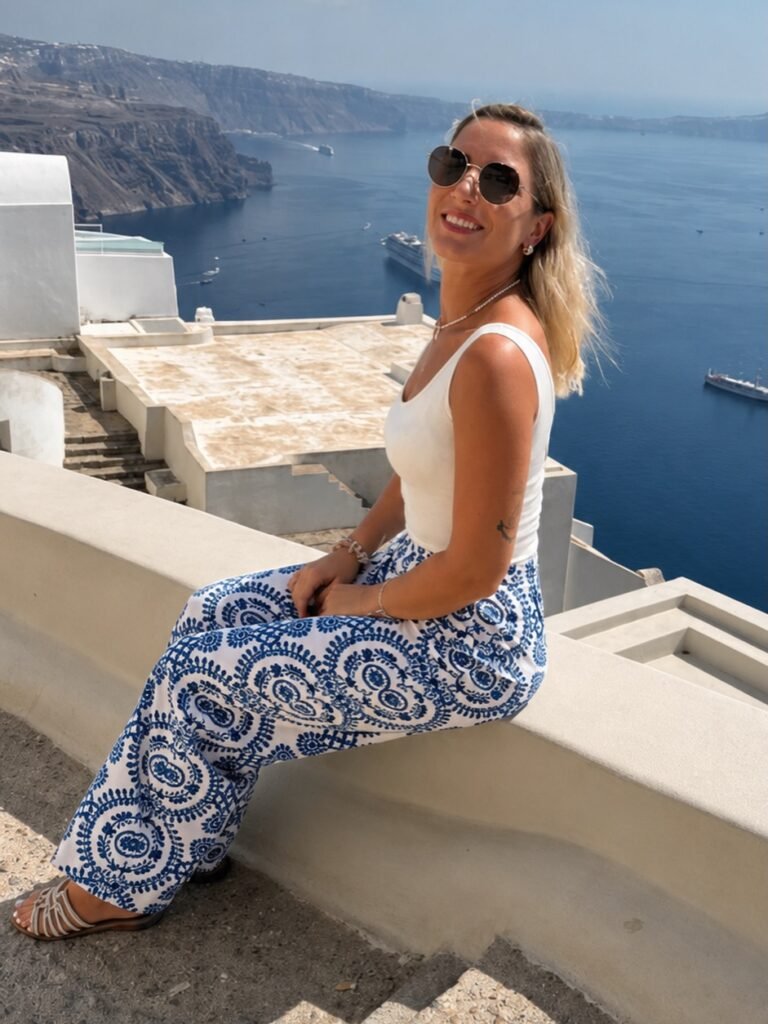 White Tank With Blue Printed Wide Leg Pants