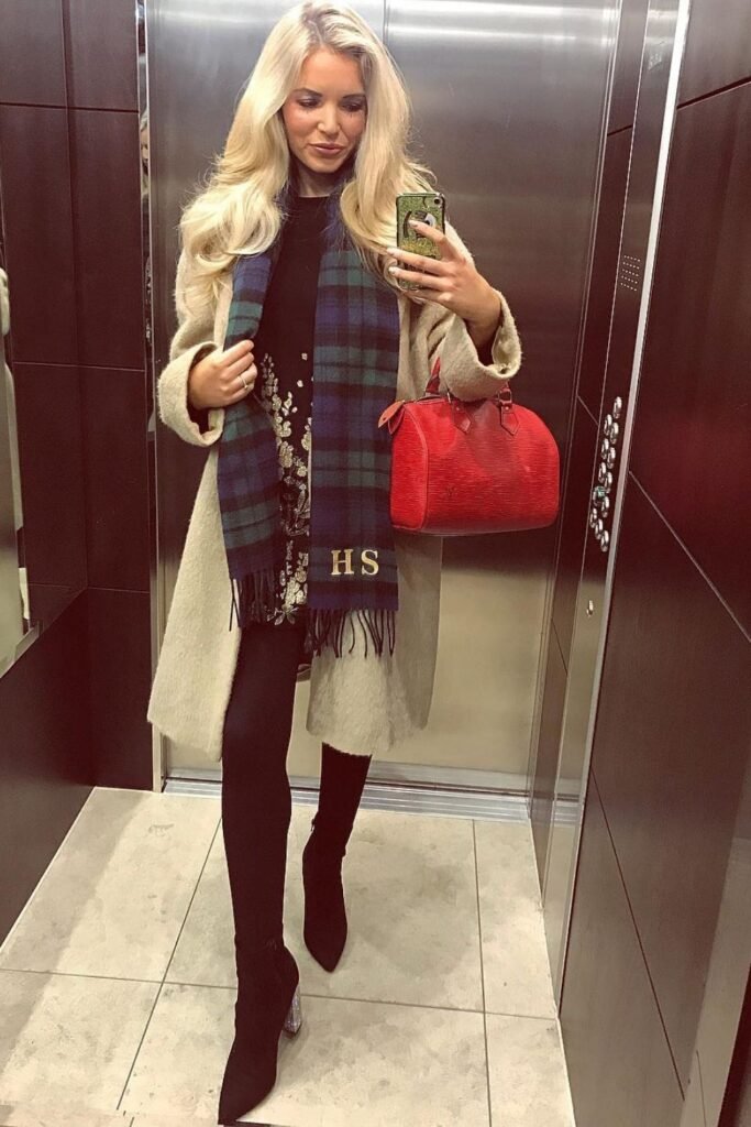 Winter Coat With Tartan Scarf and Deep Red Boots
