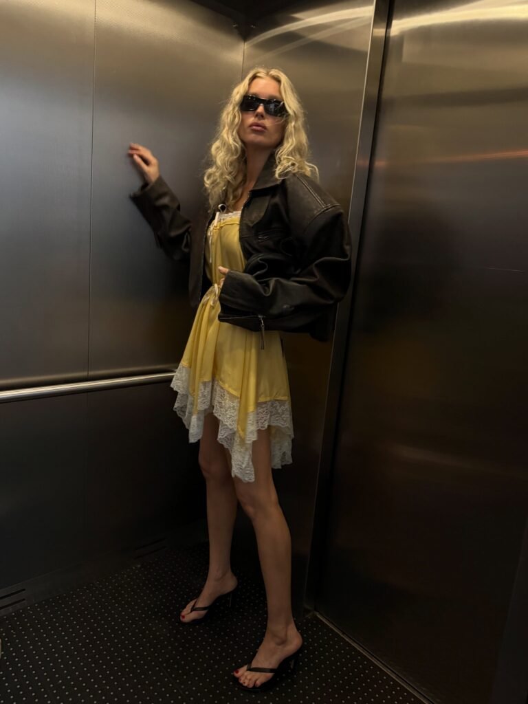 Yellow Lace-Trim Mini With an Oversized Leather Jacket