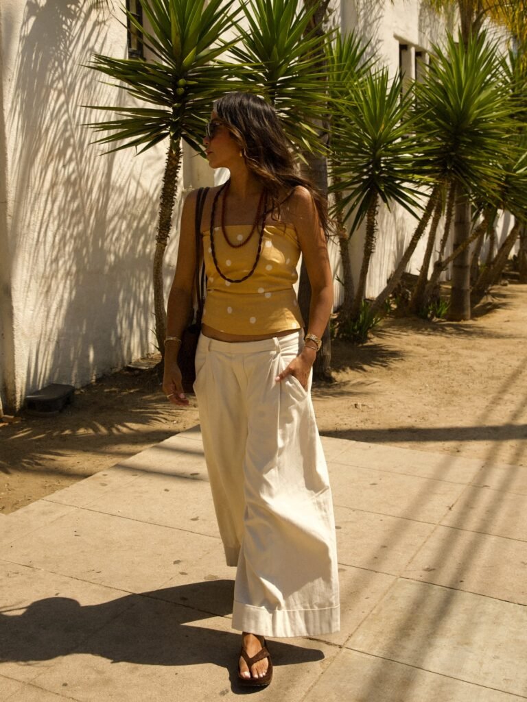 Polka Dot Top and Wide Cream Trousers for a Sunny Date
