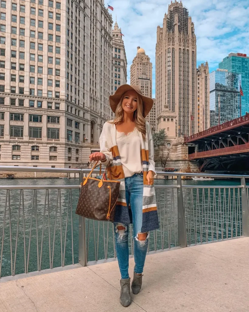 A Long Striped Cardigan Over a Lace Trim Cami