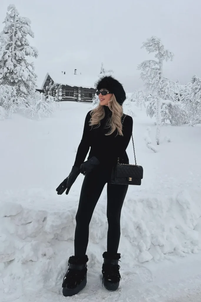 All Black Snow Outfit With Furry Moon Boots