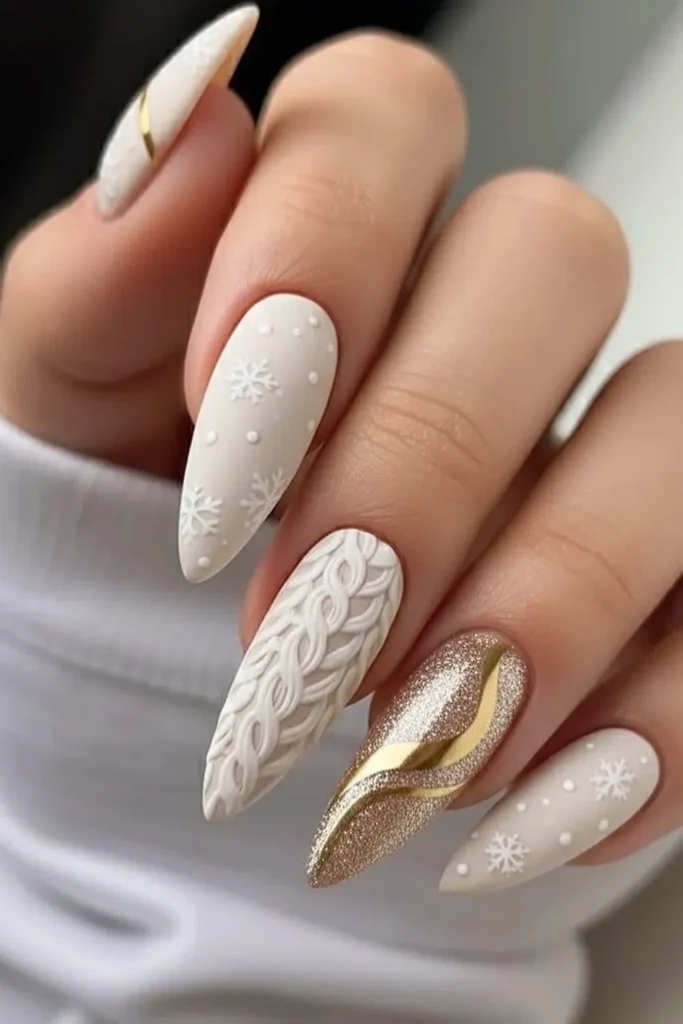 Cable Knit and Snowflake Nails With a Gold Swirl