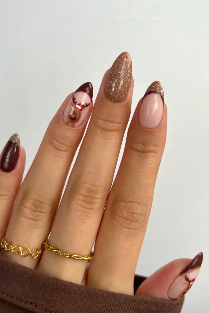 Chocolate Brown Christmas Nails With One Reindeer Cameo