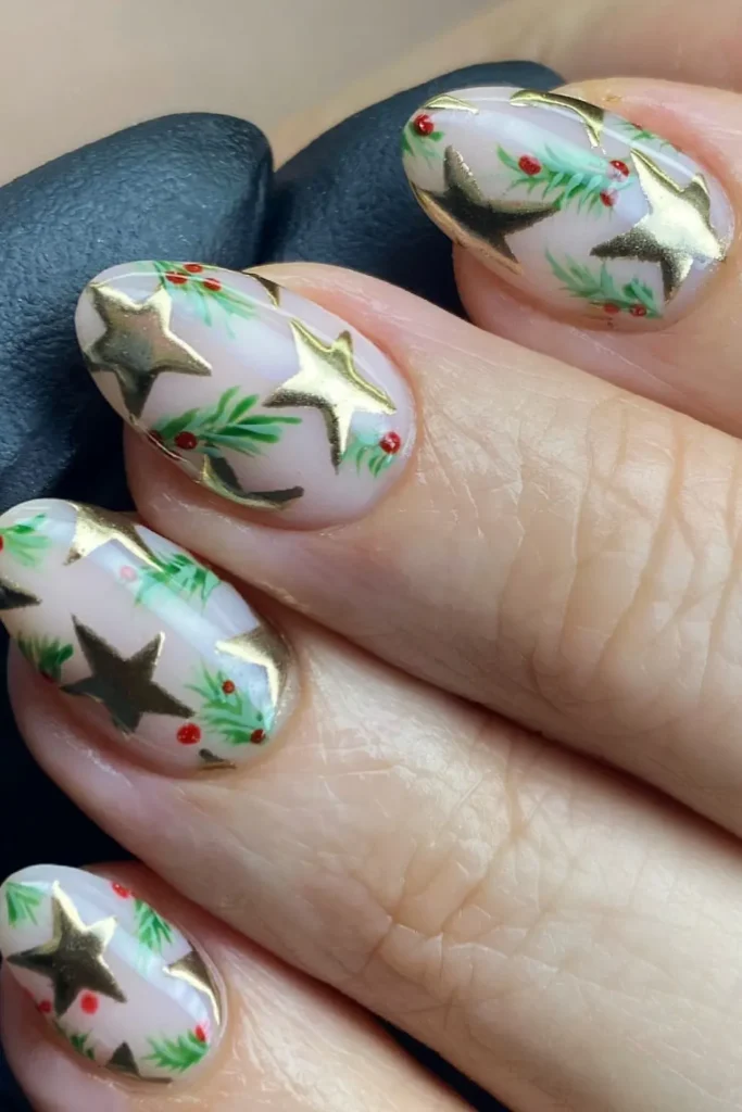 Gold Stars Tucked Into Pine Branches