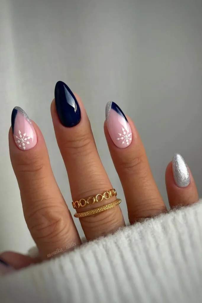 Navy Blue Christmas Nails With Silver Snowflake Tips
