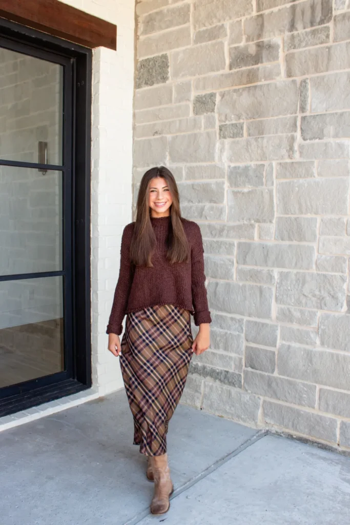 Plaid Satin Midi Skirt and a Chocolate Brown Sweater